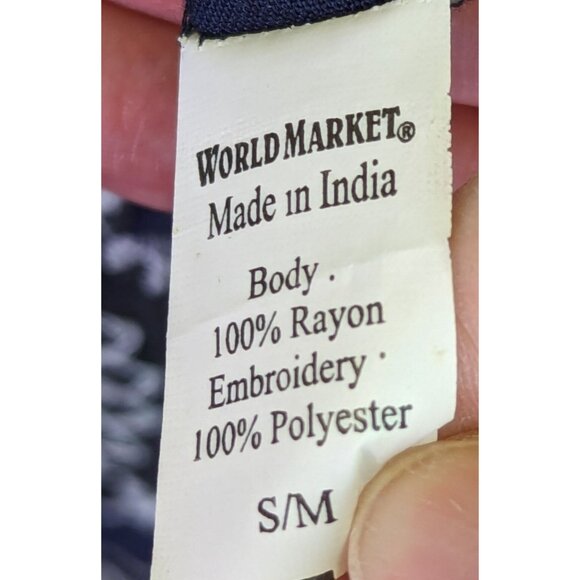 World Market Women size S/M Embroidered Gauzy Beachy Navy Dress Off Shoulder - Picture 9 of 11